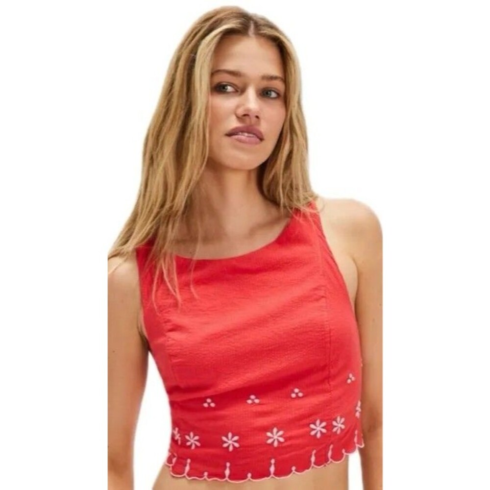 NEW FREE PEOPLE KAYLA FLOWER EMBROIDERED RED COTTON LARGE